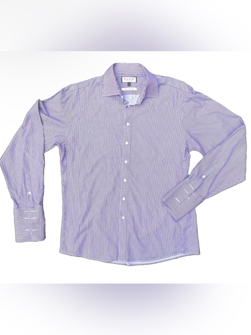 Thomas Pink Dress Shirt Men's 16.5 42 Pink Navy Stripe Slim Fit French Cuff